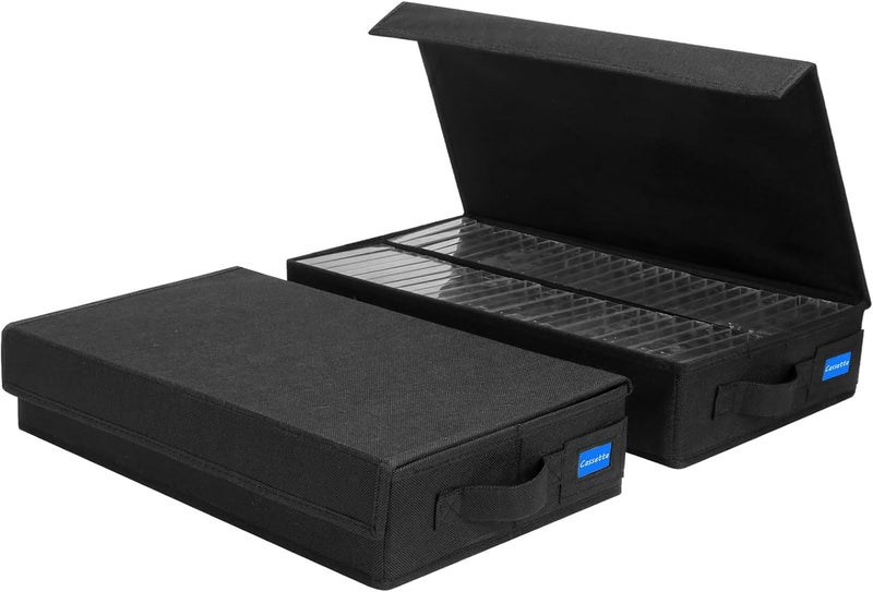 BOATISLE Cassette Tape Storage Box with Handles and Lid – Cassette Tape Holder and Organizer with External Label Slots, Stackable Cassette Storage Rack, 2Pack-Black - Image 1